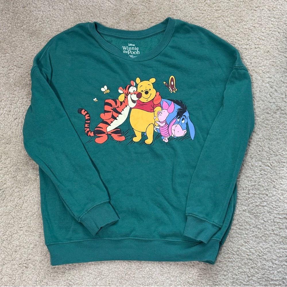Disney Winnie the Pooh Teal Green Crewneck Sweatshirt with Characters